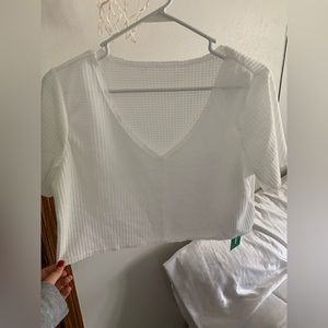 SHEIN large white waffle knit cropped v-neck tee